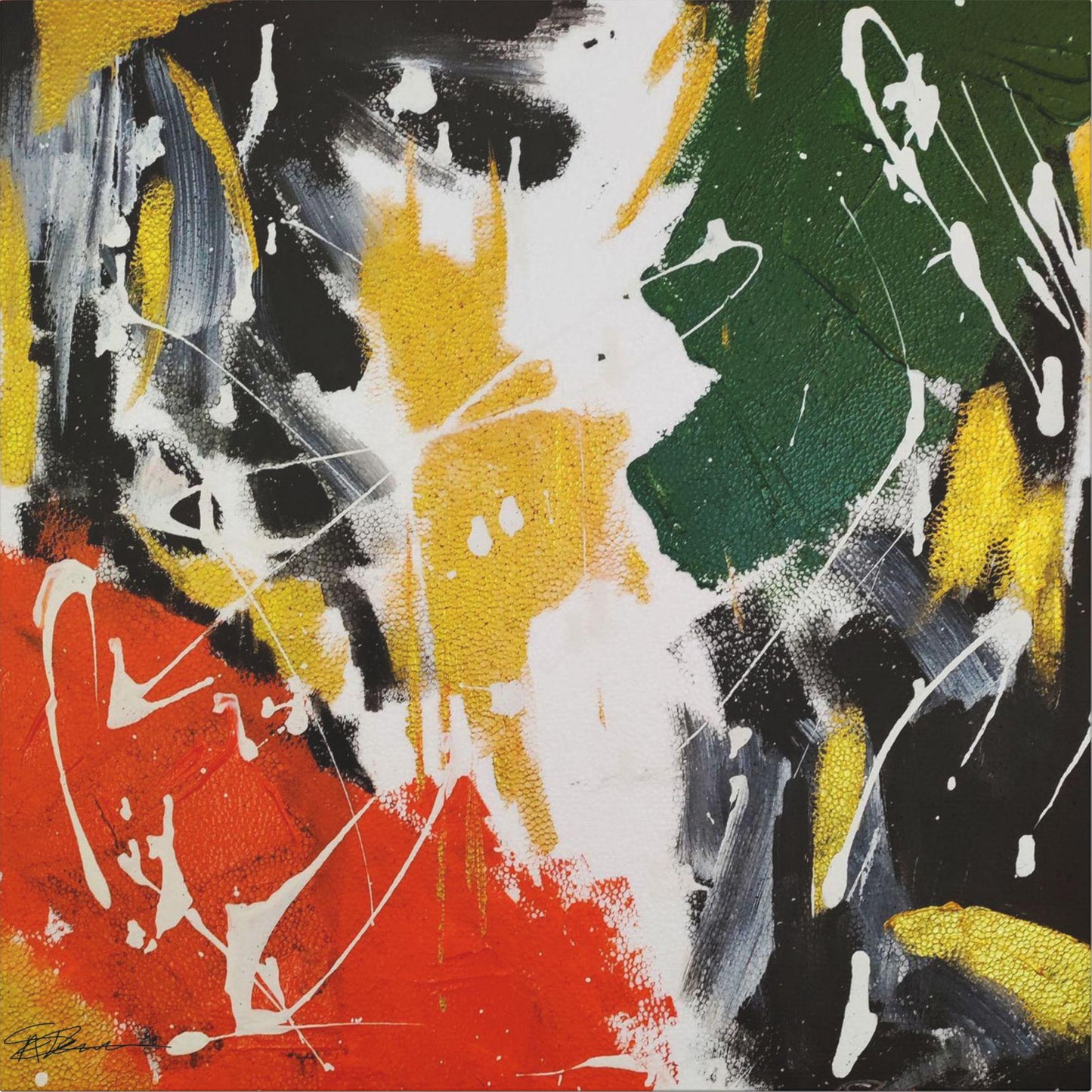 Abstract art piece with splashes of yellow, green, red, and black 